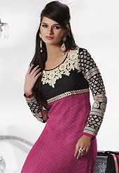 Attract all attentions with this embroidered suit. The dazzling dark pink and black chiffon churidar suit have amazing embroidery patch work is done with resham and zari work. Beautiful embroidery work on kameez is stunning. The entire ensemble makes an excellent wear. Contrasting black santoon churidar and chiffon dupatta is available with this suit. Slight Color variations are possible due to differing screen and photograph resolutions.
