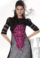 Style and trend will be at the peak of your beauty when you adorn this suit. The dazzling off white and black chiffon churidar suit have amazing abstract print and embroidery patch work is done with resham, stone and lace work. Beautiful embroidery work on kameez is stunning. The entire ensemble makes an excellent wear. Matching black santoon churidar and black chiffon and net dupatta is available with this suit. Slight Color variations are possible due to differing screen and photograph resolutions.
