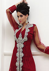 Take a look on the changing fashion of the season. The dazzling maroon net readymade churidar suit have amazing embroidery and velvet patch work is done with stones work. Beautiful embroidery work on kameez is stunning. The entire ensemble makes an excellent wear. Matching santoon churidar and net dupatta is available with this suit. Slight Color variations are possible due to differing screen and photograph resolutions.