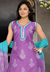 The glamorous silhouette to meet your most dire fashion needs. The dazzling lavender cotton jacquard readymade salwar kameez have amazing floral print and lace work. The entire ensemble makes an excellent wear. Contrasting turquoise blue cotton salwar and double dye chiffon dupatta is available with this suit. Slight Color variations are possible due to differing screen and photograph resolutions.
