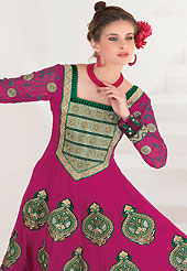 The fascinating beautiful subtly garment with lovely patterns. The dazzling magenta georgette churidar suit have amazing embroidery patch work is done with resham, zari, sequins and stone work. The entire ensemble makes an excellent wear. Matching santoon churidar and green chiffon dupatta is available with this suit. Slight Color variations are possible due to differing screen and photograph resolutions.