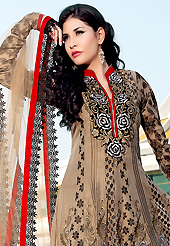 Take a look on the changing fashion of the season. The dazzling light brown georgette readymade churidar suit have amazing floral print and embroidery patch bordered work is done with resham and lace work. Beautiful embroidery work on kameez is stunning. The entire ensemble makes an excellent wear. Contrasting red churidar and matching dupatta is available with this suit. Slight Color variations are possible due to differing screen and photograph resolutions.