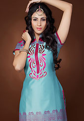 Ultimate collection of embroidered suits with fabulous style. The dazzling light blue cotton silk churidar suit have amazing embroidery patch work is done with resham thread and zari work. The entire ensemble makes an excellent wear. Contrasting dark pink churidar and dupatta is available with this suit. Slight Color variations are possible due to differing screen and photograph resolutions.
