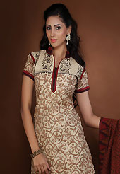 A desire that evokes a sense of belonging with a striking details. The dazzling light fawn cotton churidar suit have amazing floral print and patch work. The entire ensemble makes an excellent wear. Contrasting dark brown churidar and dupatta is available with this suit. Slight Color variations are possible due to differing screen and photograph resolutions.