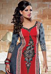 A desire that evokes a sense of belonging with a striking details. The dazzling red and grey crepe churidar suit have amazing floral print and embroidery patch work is done with resham, applique and lace work. The entire ensemble makes an excellent wear. Matching grey churidar and printed dupatta is available with this suit. Slight Color variations are possible due to differing screen and photograph resolutions.