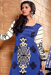 Try out this year top trend, glowing, bold and natural collection. The dazzling blue crepe churidar suit have amazing floral, geometric print and embroidery patch work is done with resham and applique work. The entire ensemble makes an excellent wear. Matching churidar and printed dupatta is available with this suit. Slight Color variations are possible due to differing screen and photograph resolutions.
