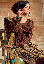 An occasion wear perfect is ready to rock you. The dazzling brown crepe churidar suit have amazing floral, abstract print and embroidery patch work is done with resham and applique work. The entire ensemble makes an excellent wear. Matching churidar and printed dupatta is available with this suit. Slight Color variations are possible due to differing screen and photograph resolutions.