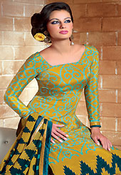 Attract all attentions with this embroidered suit. The dazzling mustard and green crepe churidar suit have amazing abstract print, sequins, applique, lace and patch work. The entire ensemble makes an excellent wear. Matching churidar and printed dupatta is available with this suit. Slight Color variations are possible due to differing screen and photograph resolutions.
