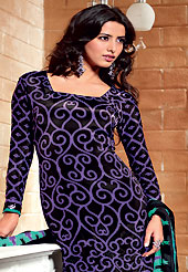 A desire that evokes a sense of belonging with a striking details. The dazzling black and purple crepe churidar suit have amazing abstract print, sequins, applique, lace and patch work. The entire ensemble makes an excellent wear. Matching churidar and printed dupatta is available with this suit. Slight Color variations are possible due to differing screen and photograph resolutions.