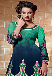 An occasion wear perfect is ready to rock you. The dazzling green and blue crepe churidar suit have amazing abstract print and embroidery patch work is done with resham and applique work. The entire ensemble makes an excellent wear. Matching green churidar and printed dupatta is available with this suit. Slight Color variations are possible due to differing screen and photograph resolutions.