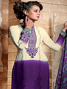 Get ready to sizzle all around you by sparkling suit. The dazzling light cream and purple georgette churidar suit have amazing floral print and embroidery patch work is done with resham and stone work. The entire ensemble makes an excellent wear. Matching churidar and printed dupatta is available with this suit. Slight Color variations are possible due to differing screen and photograph resolutions.