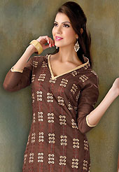 The evolution of style species collection spells pure femininity. This brown cotton churidar suit have amazing embroidery and patch work is done with resham work. Embroidery on kameez is highlighting the beauty of this suit. Contrasting cream churidar and double dye chiffon dupatta come along with this suit. Slight Color variations are possible due to differing screen and photograph resolutions.