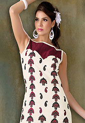 Let your personality articulate for you with this embroidery suit. This white cotton churidar suit have amazing floral, dot print and embroidery and patch work is done with resham work. Embroidery on kameez is highlighting the beauty of this suit. Contrasting burgundy churidar and double dye chiffon dupatta come along with this suit. Slight Color variations are possible due to differing screen and photograph resolutions.