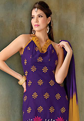 You can be sure that ethnic fashions selections of clothing are taken from the latest trend in today’s fashion. This purple cotton churidar suit have amazing embroidery and patch work is done with resham work. Embroidery on kameez is highlighting the beauty of this suit. Contrasting mustard churidar and double dye chiffon dupatta come along with this suit. Slight Color variations are possible due to differing screen and photograph resolutions.
