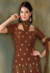 Let your personality articulate for you with this embroidery suit. This brown cotton churidar suit have amazing embroidery and patch work is done with resham and stone work. Embroidery on kameez is highlighting the beauty of this suit. Contrasting dark olive green churidar and double dye chiffon dupatta come along with this suit. Slight Color variations are possible due to differing screen and photograph resolutions.