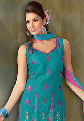 The fascinating beautiful subtly garment with lovely patterns. This turquoise blue cotton churidar suit have amazing embroidery and patch work is done with resham work. Embroidery on kameez is highlighting the beauty of this suit. Contrasting pink churidar and double dye chiffon dupatta come along with this suit. Slight Color variations are possible due to differing screen and photograph resolutions.