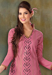 The evolution of style species collection spells pure femininity. This pink cotton churidar suit have amazing embroidery and patch work is done with resham work. Embroidery on kameez is highlighting the beauty of this suit. Contrasting fawn churidar and double dye chiffon dupatta come along with this suit. Slight Color variations are possible due to differing screen and photograph resolutions.