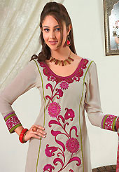 The glamorous silhouette to meet your most dire fashion needs. The dazzling dusty beige cotton salwar kameez have amazing embroidery patch work is done with resham work. Beautiful embroidery work on kameez is stunning. Matching printed salwar and printed chiffon dupatta is available with this suit. Slight Color variations are possible due to differing screen and photograph resolutions.
