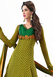 A desire that evokes a sense of belonging with a striking details. The dazzling olive green faux georgette churidar suit have amazing floral print and embroidery patch work is done with resham, stone and lace work. Beautiful embroidery work on kameez is stunning. The entire ensemble makes an excellent wear. Matching churidar and dupatta is available with this suit. Slight Color variations are possible due to differing screen and photograph resolutions.