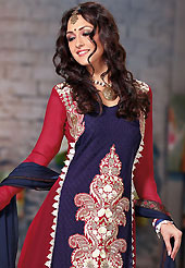 The traditional patterns used on this suit maintain the ethnic look. The dazzling navy blue and dark red georgette churidar suit have amazing embroidery patch work is done with resham, sequins and lace work. Beautiful embroidery work on kameez is stunning. The entire ensemble makes an excellent wear. Contrasting off white santoon churidar and navy blue dupatta is available with this suit. Slight Color variations are possible due to differing screen and photograph resolutions.