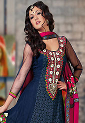 The fascinating beautiful subtly garment with lovely patterns. The dazzling navy blue georgette churidar suit have amazing embroidery patch work is done with resham, stone and lace work. Beautiful embroidery work on kameez is stunning. The entire ensemble makes an excellent wear. Contrasting deep pink santoon churidar and deep pink dupatta is available with this suit. Slight Color variations are possible due to differing screen and photograph resolutions.
