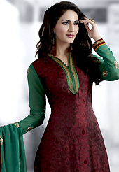 Get ready to sizzle all around you by sparkling suit. The dazzling dark maroon crepe jacquard churidar suit have amazing embroidery patch work is done with resham and zari work. Beautiful embroidery work on kameez is stunning. The entire ensemble makes an excellent wear. Matching santoon churidar and turquoise green chiffon dupatta is available with this suit. Slight Color variations are possible due to differing screen and photograph resolutions.