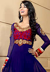 Breathtaking collection of suits with stylish embroidery work and fabulous style. The dazzling violet georgette churidar suit have amazing embroidery patch work is done with resham, zari, sequins, stone and lace work. Beautiful embroidery work on kameez is stunning. The entire ensemble makes an excellent wear. Matching churidar and maroon dupatta is available with this suit. Slight Color variations are possible due to differing screen and photograph resolutions.