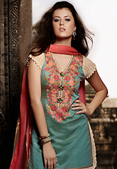 An occasion wear perfect is ready to rock you. The dazzling sea green art silk readymade salwar kameez have amazing embroidery patch work is done with resham, zari and lace work. The entire ensemble makes an excellent wear. Contrasting shaded pink salwar and dupatta is available with this suit. Slight Color variations are possible due to differing screen and photograph resolutions.