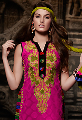 The traditional patterns used on this suit maintain the ethnic look. The dazzling magenta brocade silk readymade salwar kameez have amazing embroidery patch work is done with resham work. The entire ensemble makes an excellent wear. Contrasting light olive green georgette salwar and light olive green chiffon dupatta is available with this suit. Slight Color variations are possible due to differing screen and photograph resolutions.