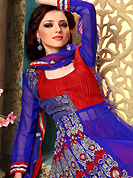 Your search for elegant look ends here with this lovely suit. The dazzling blue georgette churidar suit have amazing embroidery patch work is done with resham, zari and stone work. The entire ensemble makes an excellent wear. Contrasting red santoon churidar and blue net dupatta is available with this suit. Slight Color variations are possible due to differing screen and photograph resolutions.