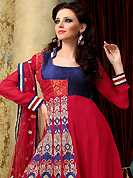 This season dazzle and shine in pure colors. The dazzling red georgette churidar suit have amazing embroidery patch work is done with resham, zari and stone work. The entire ensemble makes an excellent wear. Contrasting dark blue santoon churidar and red net dupatta is available with this suit. Slight Color variations are possible due to differing screen and photograph resolutions.