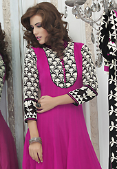 The fascinating beautiful subtly garment with lovely patterns. The dazzling magenta georgette readymade churidar suit have amazing embroidery patch work is done with resham work. Beautiful embroidery work on kameez is stunning. The entire ensemble makes an excellent wear. Contrasting black santoon churidar and chiffon dupatta is available with this suit. Slight Color variations are possible due to differing screen and photograph resolutions.
