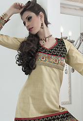 An occasion wear perfect is ready to rock you. The dazzling light fawn jute silk readymade salwar kameez have amazing embroidery patch work is done with kasab and beads work. Beautiful embroidery work on kameez is stunning. The entire ensemble makes an excellent wear. Contrasting red crepe jacquard salwar and shaded chiffon dupatta is available with this suit. Slight Color variations are possible due to differing screen and photograph resolutions.