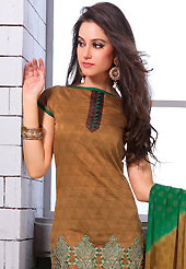 You can be sure that ethnic fashions selections of clothing are taken from the latest trend in today’s fashion. This brown cotton churidar suit have amazing embroidery and patch work is done with resham work. Embroidery on kameez is highlighting the beauty of this suit. Contrasting green cotton churidar and shaded chiffon dupatta come along with this suit. Slight Color variations are possible due to differing screen and photograph resolutions.