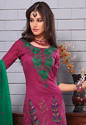 The glamorous silhouette to meet your most dire fashion needs. This dark magenta cotton churidar suit have amazing embroidery and patch work is done with resham and zari work. Embroidery on kameez is highlighting the beauty of this suit. Contrasting green cotton churidar and shaded dupatta come along with this suit. Slight Color variations are possible due to differing screen and photograph resolutions.
