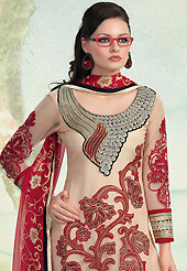 An occasion wear perfect is ready to rock you. The dazzling light peach net churidar suit have amazing embroidery patch work is done with resham and zari work. The entire ensemble makes an excellent wear. Contrasting red santoon churidar and red chiffon dupatta is available with this suit. Slight Color variations are possible due to differing screen and photograph resolutions.