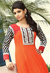 The most beautiful refinements for style and tradition. The dazzling orange georgette churidar suit have amazing embroidery patch work is done with resham and pull moti work. Beautiful embroidery work on kameez is stunning. The entire ensemble makes an excellent wear. Matching churidar and dupatta is available with this suit. Slight Color variations are possible due to differing screen and photograph resolutions.