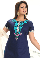 This season dazzle and shine in pure colors. The dazzling navy blue cotton salwar kameez have amazing embroidery patch work is done with resham work. Beautiful embroidery work on kameez is stunning. Matching salwar and shaded dupatta is available with this suit. Slight Color variations are possible due to differing screen and photograph resolutions.