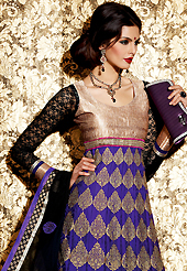 Outfit is a novel ways of getting yourself noticed. The dazzling dark purple georgette jacquard anarkali churidar suit have amazing embroidery patch work is done with zari, stone and lace work. Beautiful embroidery work on kameez is stunning. The entire ensemble makes an excellent wear. Contrasting black churidar and dupatta is available with this suit. Slight Color variations are possible due to differing screen and photograph resolutions.