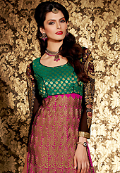 Get ready to sizzle all around you by sparkling suit. The dazzling dark magenta and turquoise green georgette anarkali churidar suit have amazing embroidery patch work is done with resham, zari and sequins work. Beautiful embroidery work on kameez is stunning. The entire ensemble makes an excellent wear. Matching churidar and dupatta is available with this suit. Slight Color variations are possible due to differing screen and photograph resolutions.
