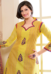 Let your personality articulate for you with this amazing embroidered suit. The dazzling yellow chanderi silk churidar suit have amazing floral, abstract print, thread and patch work. The entire ensemble makes an excellent wear. Contrasting purple cambric cotton churidar and yellow chiffon dupatta is available with this suit. Slight Color variations are possible due to differing screen and photograph resolutions.