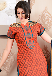 Take the fashion industry by storm in this beautiful embroidered suit. The dazzling orange cotton silk churidar suit have amazing floral, paisley print and embroidery patch work is done with resham work. The entire ensemble makes an excellent wear. Contrasting black cambric cotton churidar and shaded south cotton dupatta is available with this suit. Slight Color variations are possible due to differing screen and photograph resolutions.