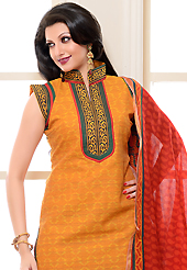 Attract all attentions with this embroidered suit. The dazzling dark yellow cotton silk churidar suit have amazing block print and patch work. The entire ensemble makes an excellent wear. Contrasting green cotton silk churidar and red south silk dupatta is available with this suit. Slight Color variations are possible due to differing screen and photograph resolutions.