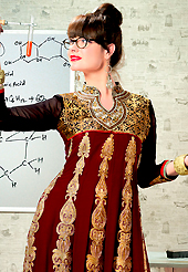 Style and trend will be at the peak of your beauty when you adorn this suit. The dazzling maroon georgette churidar suit have amazing embroidery patch work is done with resham, zari and stone work. The entire ensemble makes an excellent wear. Contrasting dark purple santoon churidar and red chiffon dupatta is available with this suit. Slight Color variations are possible due to differing screen and photograph resolutions.
