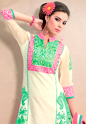 The glamorous silhouette to meet your most dire fashion needs. This cream cotton jacquard churidar suit have amazing embroidery patch work is done with resham work. Embroidery on kameez is highlighting the beauty of this suit. Contrasting pink churidar and pink chiffon dupatta come along with this suit. Slight Color variations are possible due to differing screen and photograph resolutions.
