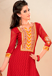 The fascinating beautiful subtly garment with lovely patterns. This red cotton churidar suit have amazing embroidery patch work is done with resham, stone and cutwork. Embroidery on kameez is highlighting the beauty of this suit. Contrasting off white churidar and shaded chiffon dupatta come along with this suit. Slight Color variations are possible due to differing screen and photograph resolutions.