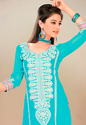 Look stunning rich with dark shades and floral patterns. This blue cotton churidar suit have amazing embroidery patch work is done with resham work. Embroidery on kameez is highlighting the beauty of this suit. Matching churidar and double dye chiffon dupatta come along with this suit. Slight Color variations are possible due to differing screen and photograph resolutions.