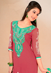 Take a look on the changing fashion of the season. This dusty red cotton churidar suit have amazing embroidery patch work is done with resham work. Embroidery on kameez is highlighting the beauty of this suit. Matching churidar and green chiffon dupatta come along with this suit. Slight Color variations are possible due to differing screen and photograph resolutions.
