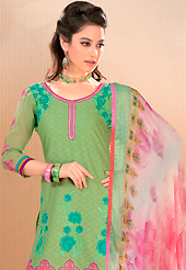An occasion wear perfect is ready to rock you. This light olive green cotton jacquard churidar suit have amazing embroidery patch work is done with resham work. Embroidery on kameez is highlighting the beauty of this suit. Matching churidar and shaded chiffon dupatta come along with this suit. Slight Color variations are possible due to differing screen and photograph resolutions.