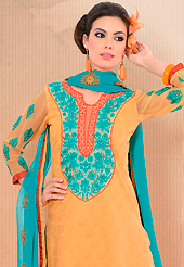 Style and trend will be at the peak of your beauty when you adorn this suit. This light orange cotton churidar suit have amazing embroidery patch work is done with resham work. Embroidery on kameez is highlighting the beauty of this suit. Matching churidar and blue chiffon dupatta come along with this suit. Slight Color variations are possible due to differing screen and photograph resolutions.